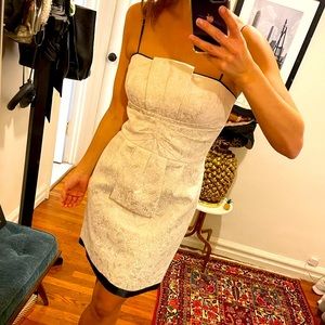 Vintage BCBG Paris Party Dress Brocade White Black Spaghetti Strap Bow Mini